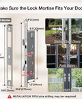 Sliding Door Smart Lock With Fingerprint And Six In One Access Pin Code RFID Card Physical Key App Control And One Time Code Durable Mortise Lock dimensions shown for sliding and patio doors installation.
