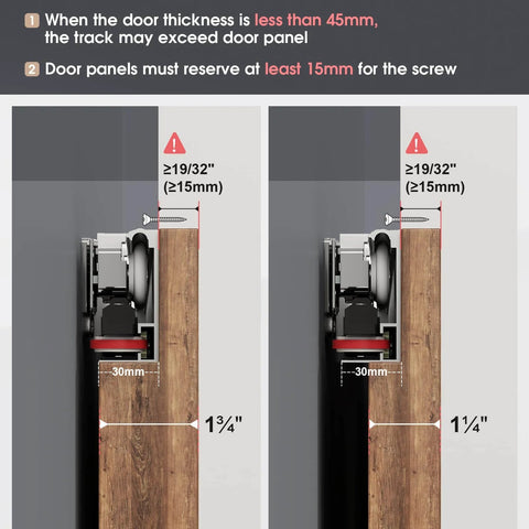 Diagram showing installation details for 36" Concealed Sliding Barn Door Hardware Kit with Soft Close Mechanism for 28in Passage Opening.
