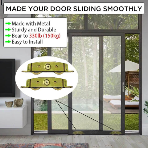 2 Pack Sliding Glass Door Rollers Replacement, 1-1/4" Steel Ball Bearing Patio Door Wheels, Heavy Duty Tandem Wheels, installed on doors, showing smooth sliding functionality.