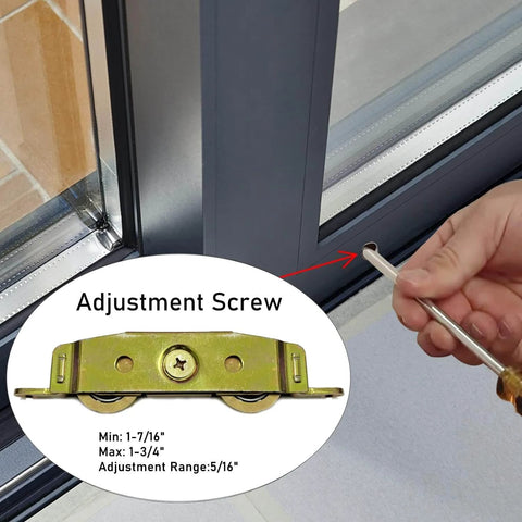 2 Pack Sliding Glass Door Rollers Replacement being installed, focus on adjustment screw and tandem wheels for Andersen doors