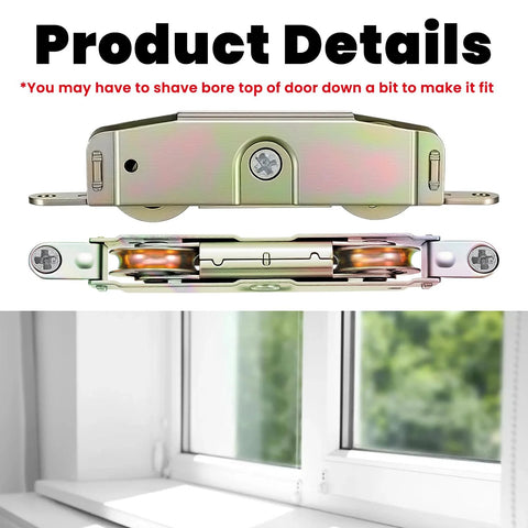 Heavy Duty Sliding Patio Door Roller Assembly Set Two Pieces One And One Quarter Inch Steel Ball Bearing Rollers For Wood Aluminum And Vinyl Frames Seamless Replacement For Truth Part 31761A And Popular Brands Jeld Wen Milgard Marvin Peachtree Caradco, shown in package and installed on a window frame.
