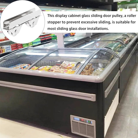 Sliding Door Roller Assembly With Nylon Wheel And Roller Stopper For Heavy Load Glass Showcases And Cabinet Doors Includes Floor Guide For Easy Installation And Smooth Low Noise Glide next to a glass door freezer.