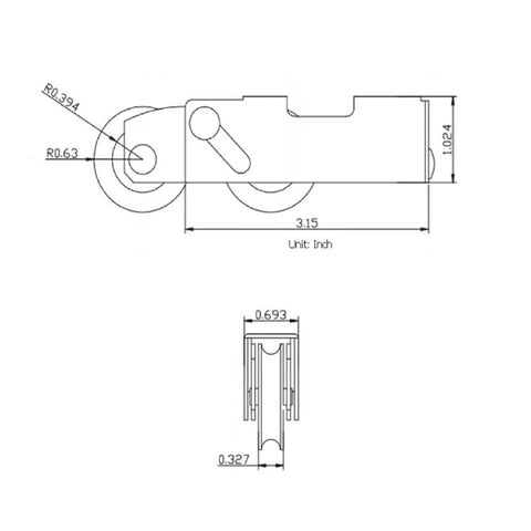 Technical drawing of Sliding Patio Door Tandem Roller Replacement, 1-1/4 Inch Steel Ball Wheel Bearing, dimensions in inches.