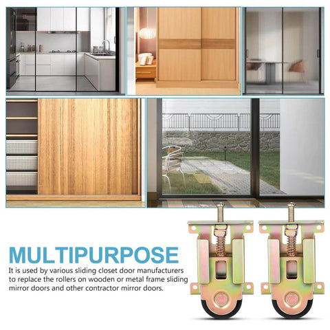 2 Pcs Sliding Door Roller Wheels With Heavy Duty Stamped Housing And POM Bearings For Smooth Operation Of Closet Mirror And Barn Doors Bottom Mount Installation Easy To Install Designed For Quiet Operation And Durable Performance shown with multipurpose use in sliding doors.