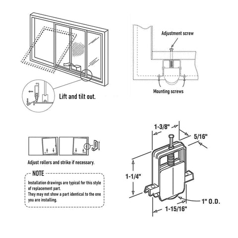 Diagrams showing installation of 4 Pack Sliding Screen Door Roller Wheels, Steel Ball Bearing Replacement for B691 & B695, Columbia Doors fitment.