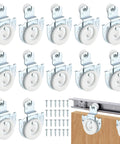 12 Pack 6 Set Sliding Closet Door Roller Kit with Bypass Hardware Replacement Adjustable Door Hooks for Wardrobe Cabinets Delivers Smooth Quiet Sliding Performance with Durable Galvanized Steel Rollers, showing kits, screws, and installation on wood.