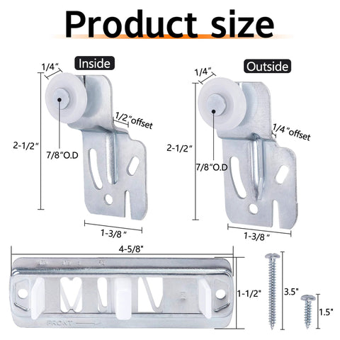 Diagram showing dimensions of 5 Pcs Sliding Closet Door Roller Kit components, including front and rear rollers, slide track, and screws.