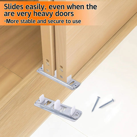 5 Pcs Sliding Closet Door Roller Kit installed with screws on wooden door, showing slide track for top-hung sliding door hardware