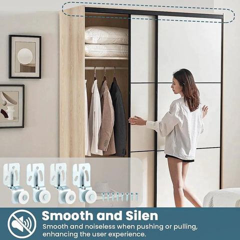 Top Hung Sliding Door Roller Kit Wardrobe Hardware For Bypass Doors 4Pcs Closet Wheels Compatible With 3/4 Inch To 1-3/8 Inch Thick Sliding Doors 7/8 Inch Diameter Rollers Front Offset 1/4 Inch Rear Offset 1/2 Inch installed in wardrobe