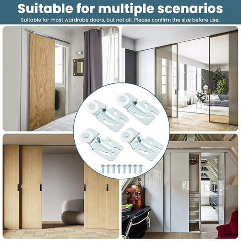 Top Hung Sliding Door Roller Kit Wardrobe Hardware For Bypass Doors 4Pcs Closet Wheels installed on various door setups