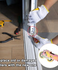 Person replacing sliding door rollers with new 4 Pack Sliding Door Roller Kit With 1-1/4 Inch 32mm Steel Ball Bearing Wheels