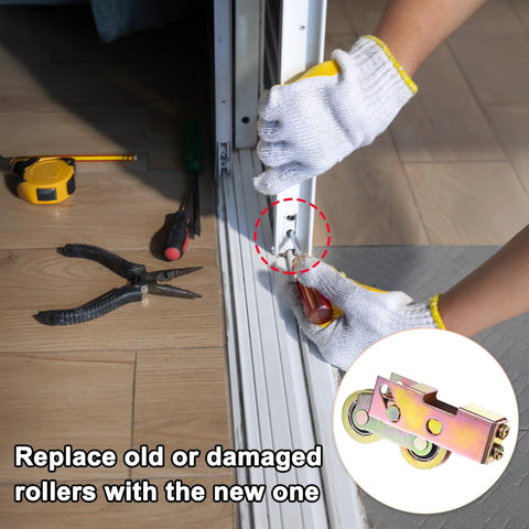 Person replacing sliding door rollers with new 4 Pack Sliding Door Roller Kit With 1-1/4 Inch 32mm Steel Ball Bearing Wheels