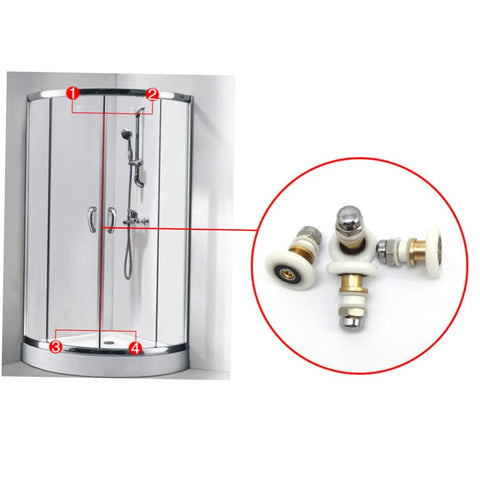 Sliding Door Hanging Roller 4 Pcs Set For Shower RV Bathroom Cabinet Stainless Steel Axle Replacement Wheels shown with shower