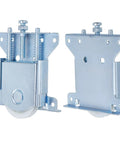 Front and side view of Two Pack Sliding Closet Door Roller Set With 1.75 Inch POM Concave Wheel And Q235 Carbon Steel Housing Replacement Hardware.