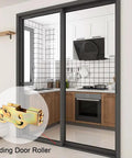 Sliding door with inset image of Patio Door Tandem Roller Replacement Kit For Sliding Doors And Screens Includes Two One And One Quarter Inch Steel Ball Wheel Bearings With Five Sixteenth Inch Thickness Durable Replacement For Damaged Rollers On Sliding Patio And Screen Doors 2 Pack.