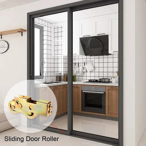 Sliding door with inset image of Patio Door Tandem Roller Replacement Kit For Sliding Doors And Screens Includes Two One And One Quarter Inch Steel Ball Wheel Bearings With Five Sixteenth Inch Thickness Durable Replacement For Damaged Rollers On Sliding Patio And Screen Doors 2 Pack.