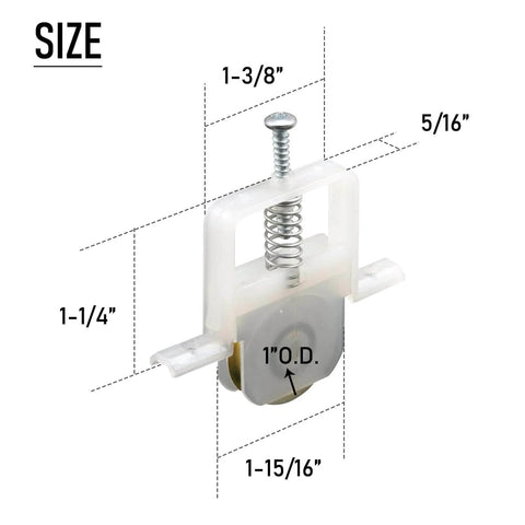 4 Pack Sliding Screen Door Roller Wheels with steel ball bearing, showing dimensions and adjustable nylon housing for Columbia doors.