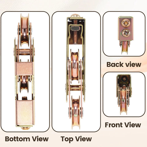 Sliding Door Rollers 1 1/4 Inch Wheel Replacement For Patio Doors And Sliding Glass Doors, bottom, top, back, front views.