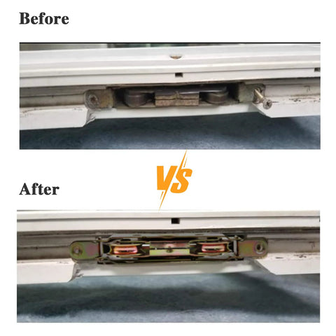Before and after installation of Replacement Sliding Door Rollers With One And One Quarter Inch Stainless Steel Wheels For Smooth Operation Compatible With Jeld Wen Milgard Marvin Peachtree And Caradco Doors Easy Adjustable Design 2 Pack
