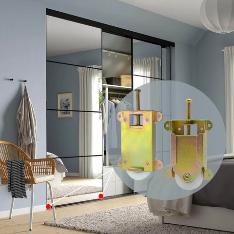 Sliding Mirror Closet Door Rollers Replacement Hardware Fits Contractors Part #W8020C or Hard 1775 Wardrobe Doors Wheels, 1-1/2" Durable POM Concaved Ball Bearing Wheel, 2 Pack in a bedroom setting with highlighted roller hardware close-up.