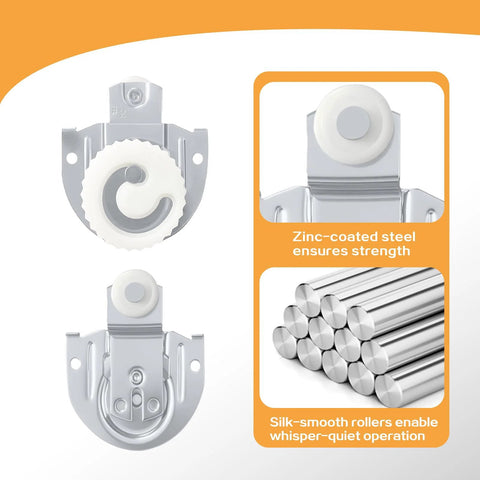 Close-up of 8Pcs Sliding Closet Door Hardware Set With 7/8 Inch Nylon Wheels Type 1 And Type 2 Rollers, zinc-coated steel material.