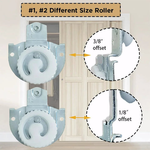 Quiet Sliding Closet Door Rollers Replacement Set Seven Eighths Inch Wheels For Wardrobe Cabinets Top Mounts Smooth Operation Upgrade Hardware For Three Quarters To One And One Quarter Inch Doors Includes Eight Pieces, showing two different size rollers with offsets.