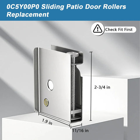 Side view of stainless steel Pella Sliding Patio Door Rollers Set 2 Pack With Adjustable Height Stainless Steel Ball Bearings Rust Resistant Wheels For Quiet Smooth Glide Compatible With One And A Half Inch Tracks Replace 0C5Y00P0.