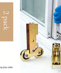 Sliding Door Rollers Replacement Kit One And One Quarter Inch Tandem Roller Set For Patio And Shower Doors, 265 LB Capacity, Two Pack With Steel Ball Bearings shown installed and standalone