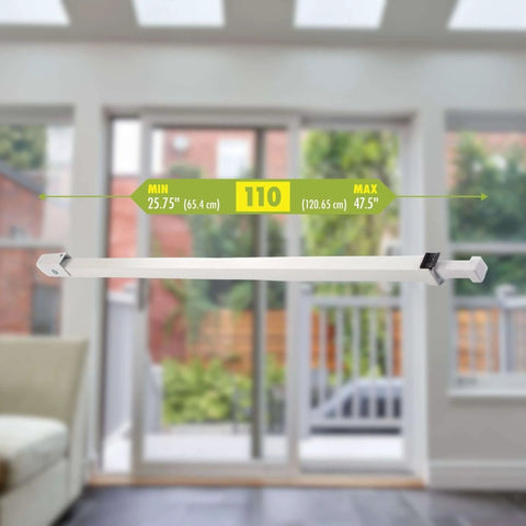 Sliding Door Security Bar with Childproof Lock, Adjustable, shown against patio door, extends from 25.75 to 47.5 inches
