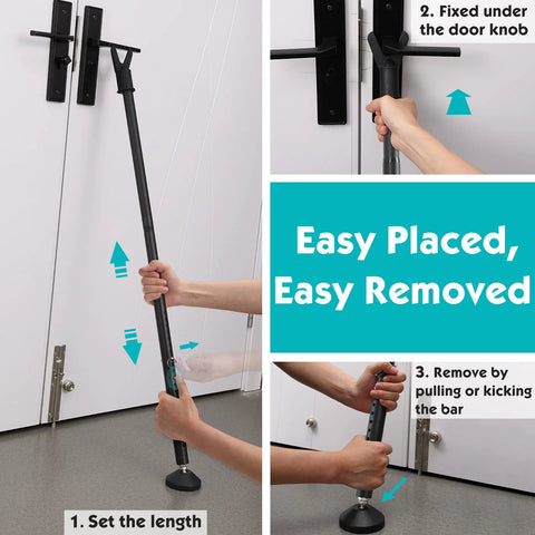 Adjustable Sliding Door Security Bar 19 To 52 Inches 3 In 1 Door Stopper Barricade Jammer For Door Knob And Floor Contact Fits Patio Doors Sliding Glass Doors Windows Indoor Use Only demonstrated in use on a door with instructions.