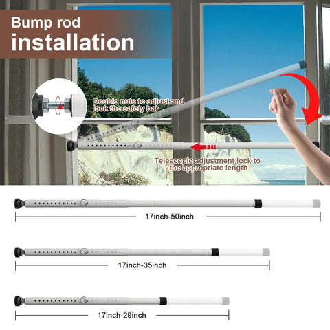 Sliding Door Security Bar, 17-50 inch Adjustable Patio Door Security Bar with Rubber Tips shown on window