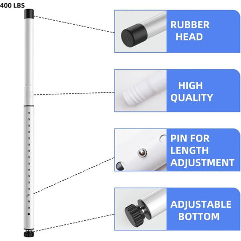 Adjustable Inside Mount Sliding Door Security Bar Fits 17.7 To 50.5 Inches showing rubber head, length adjustment pin, adjustable bottom.