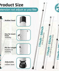 Diagram of Sliding Door Security Bar, 17-50 inch adjustable with rubber tips, detailing sizes and parts for home or apartment use.