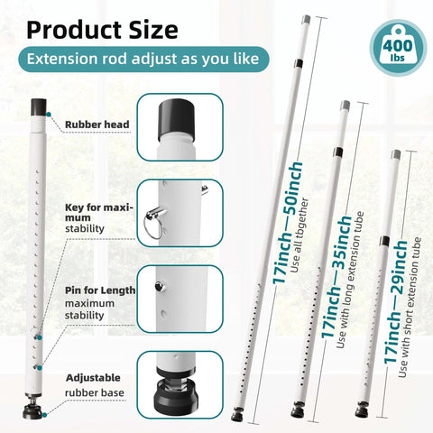 Diagram of Sliding Door Security Bar, 17-50 inch adjustable with rubber tips, detailing sizes and parts for home or apartment use.