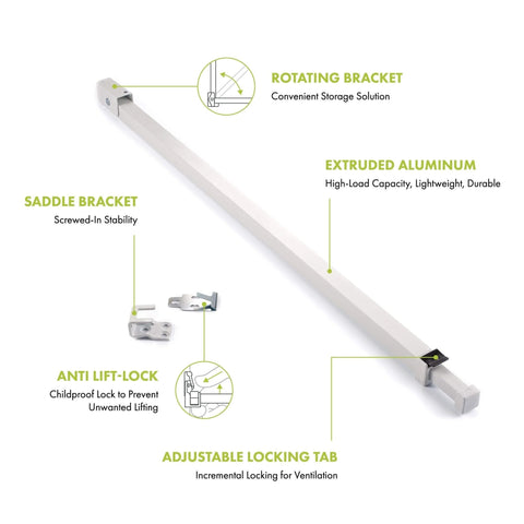 Sliding Door Security Bar with Childproof Lock, Adjustable, features extruded aluminum bar, rotating bracket, saddle bracket for patio doors.