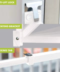 Close-up of adjustable sliding door security bar with childproof lock, showing anti-lift lock, rotating bracket, and locking tab.