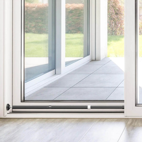 Sliding Door Security Bar and 2-in-1 Sliding Glass Door Stoppers Security for Patio, black bar installed on sliding glass door.
