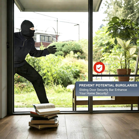Intruder outside a glass sliding door showcasing prevention with Sliding Door Security Bar, 17.7-50.5inch Heavy Duty Adjustable Bar.