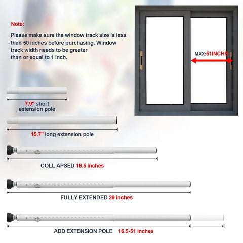 Adjustable Sliding Door Security Bar 18-50 Inches Locking Window And Patio Door Reinforcement, shown with window diagram.