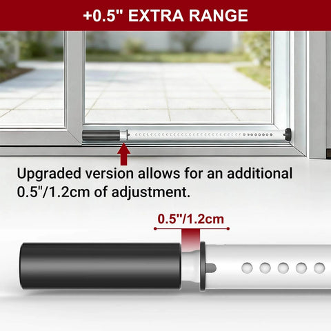 Sliding Door Security Bar,Heavy Duty Sliding Patio Door Lock Bar showing adjustment feature and installed in sliding door frame