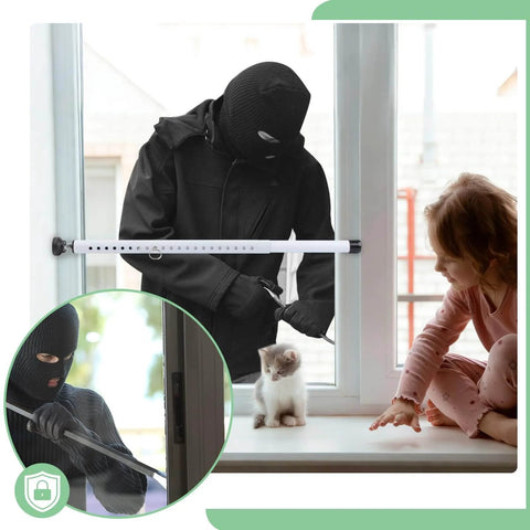 Sliding Door Security Bar, 17-50 inch Adjustable installed on window with rubber tips, child and cat inside, preventing unauthorized entry