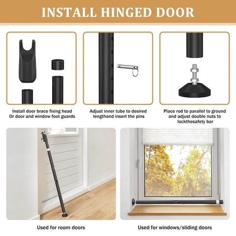 Installation guide for Sliding Door Security Bar and 2-in-1 Sliding Glass Door Stoppers; includes parts assembly and usage