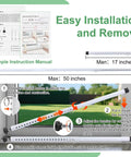 Sliding Door Security Bar, 17-50 inch Adjustable, installation guide with rubber tips, showing usage for window security and patio doors.
