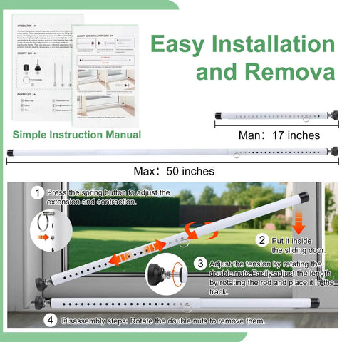 Sliding Door Security Bar, 17-50 inch Adjustable, installation guide with rubber tips, showing usage for window security and patio doors.