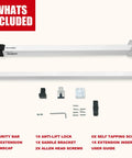Sliding Door Security Bar-Child Proof Sliding Door Lock Bar with Anti Lift Lock and components on white background.