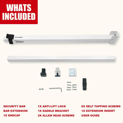 Sliding Door Security Bar-Child Proof Sliding Door Lock Bar with Anti Lift Lock and components on white background.