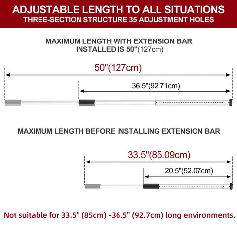 Diagram showing adjustable length of Sliding Door Security Bar,Heavy Duty Sliding Patio Door Lock Bar, 20-50inch Adjustable Multi-use Window Security Bars.