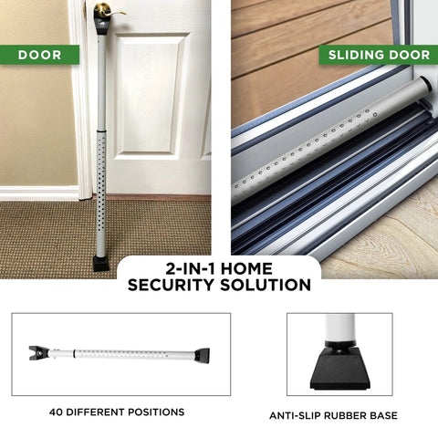 Sliding Door Security Bar 2-In-1 Adjustable Door Jammer with 40 Adjustable Positions installed on doors