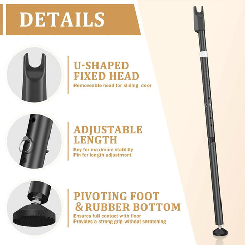 Details of Sliding Door Security Bar and 2-in-1 Sliding Glass Door Stoppers Security, showing U-shaped head, adjustable length, rubber base