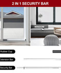 Sliding Door Security Bar, Heavy Duty Sliding Patio Door Lock Bar installed on door and window, showing components, white, 1 pack.
